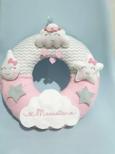 Enfeite Maternidade Chuva Amor Nuvem Rosa Chevron Bebê Nome