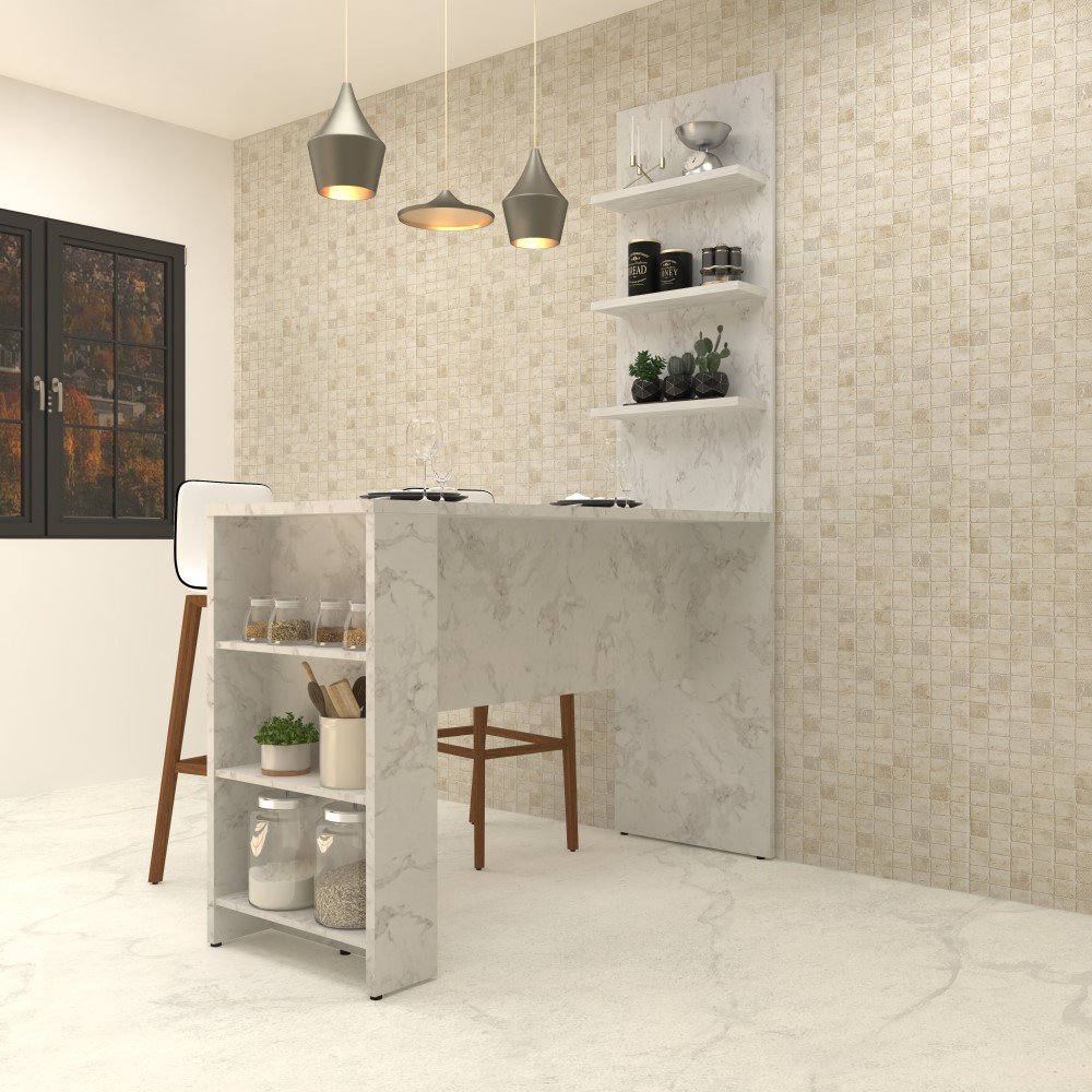 Bancada Mesa Gourmet Cozinha Mármore 1,50m c/ Painel - Linha SUPREMA Luciane