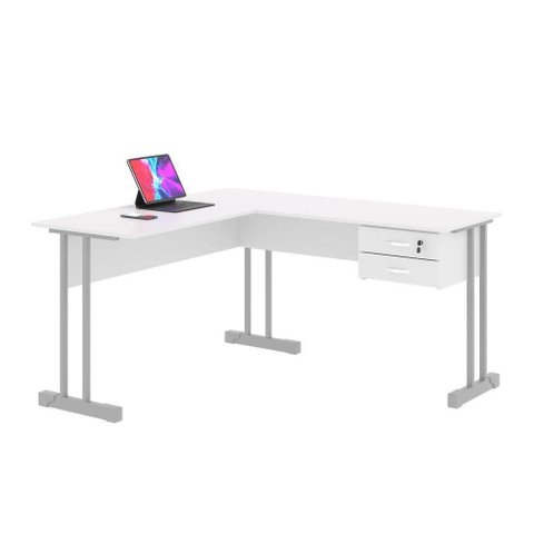 Mesa em L para Escritório Solar de Veneza Moderno MDP 143cm Branco Plata Móveis