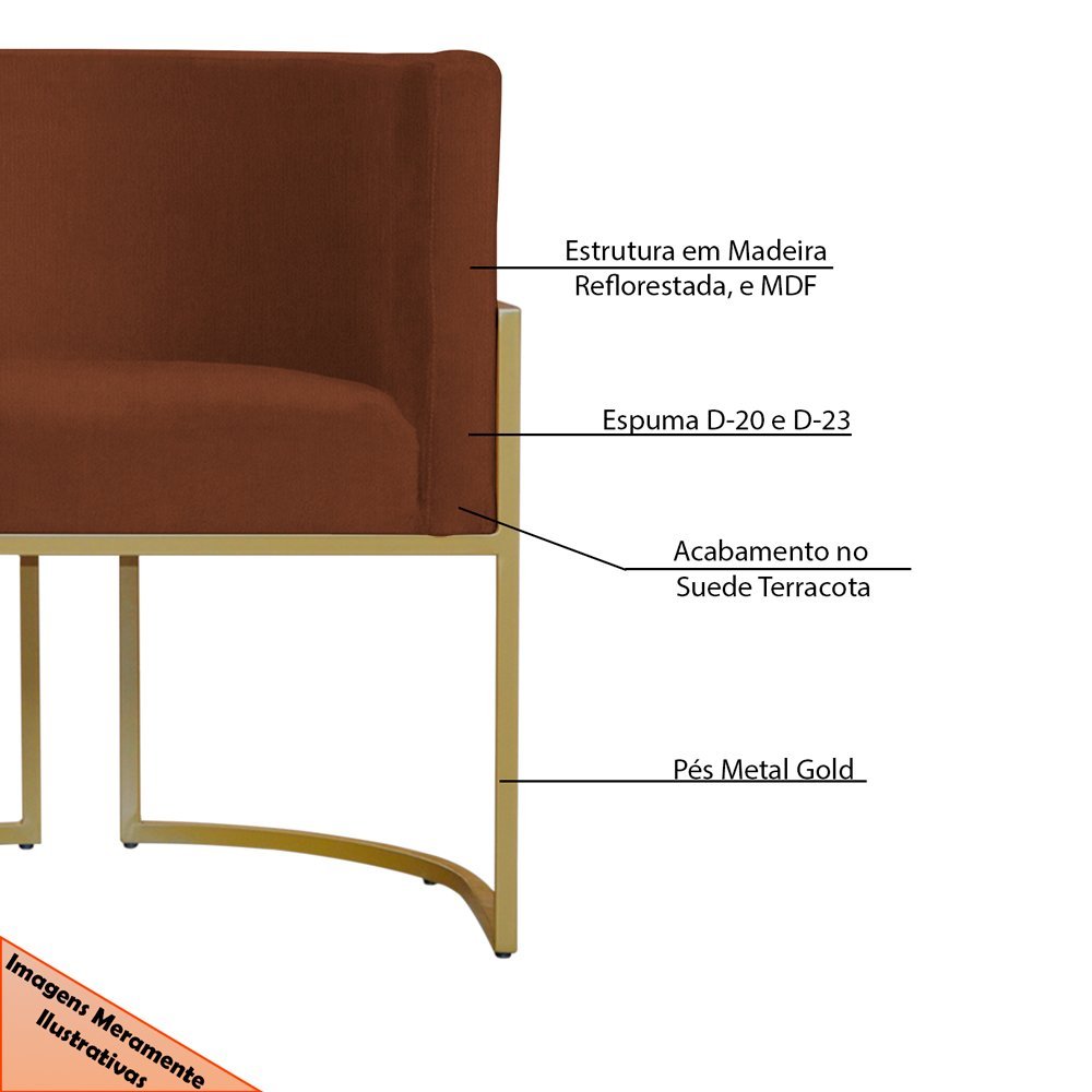 Kit 3 Poltronas Decorativa Sala de Estar Luana Base Gold Suede Terracota - Montanaris Decor Md Monta - 6