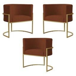 Kit 3 Poltronas Decorativa Sala de Estar Luana Base Gold Suede Terracota - Montanaris Decor Md Monta - 1