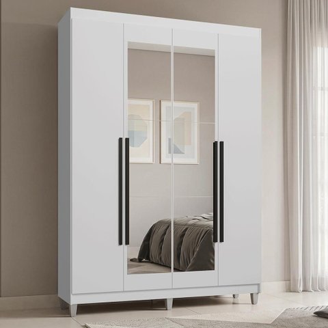 Guarda-Roupa Solteiro com Pés 4 Portas Batentes com Espelho Branco/Branco/Preto Saturno Madesa