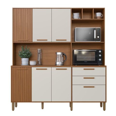 Kit Cozinha Grecia 7 Portas 2 Gavetas MDP 180cm Off White e Freijo Indékes