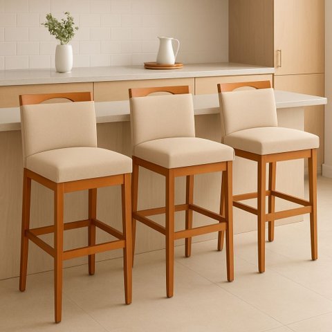 Kit 3 Banquetas Alta Cozinha Gourmet Conforto Linho:Linho Bege