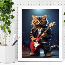 Quadro Gatinho Roqueiro - Guitarra 33x24cm:moldura Branca - 2