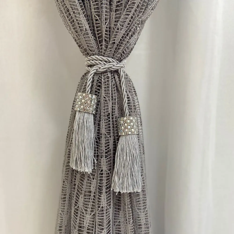 Cordão Prendedor de Cortina com Franja e Strass Perolas Luxo Prata