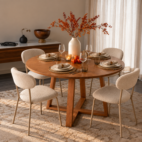 Kit Mesa Redonda Madeira 110cm com 4 Cadeiras Ferro Boucle Bege Sala Jantar Apartamento