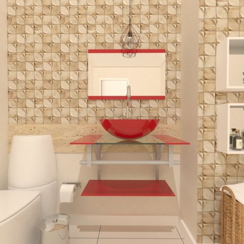 Gabinete de Vidro para Banheiro 60cm Ac Estonia com Sifao e Torneira Metal:vermelho Ferrari