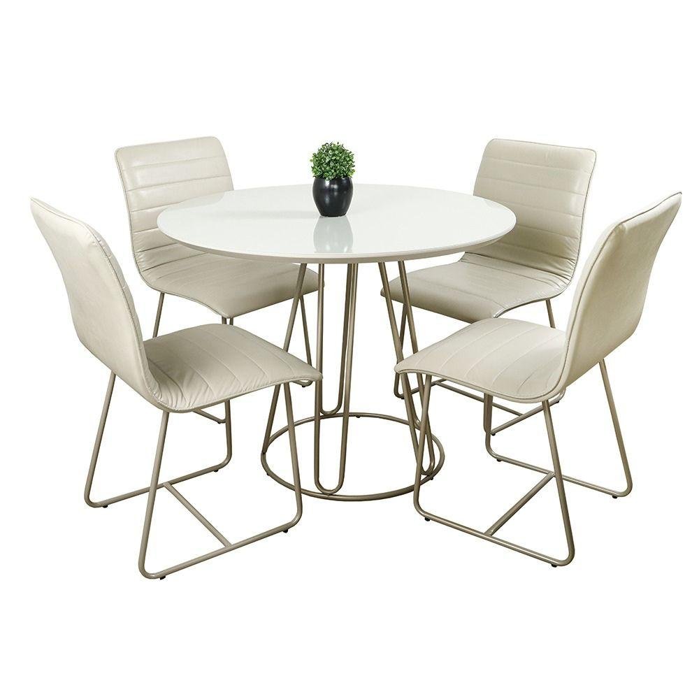 Conjunto Sala de Jantar Rubi Off White com 4 Cadeiras Cristal Couro Pérola Base Champanhe