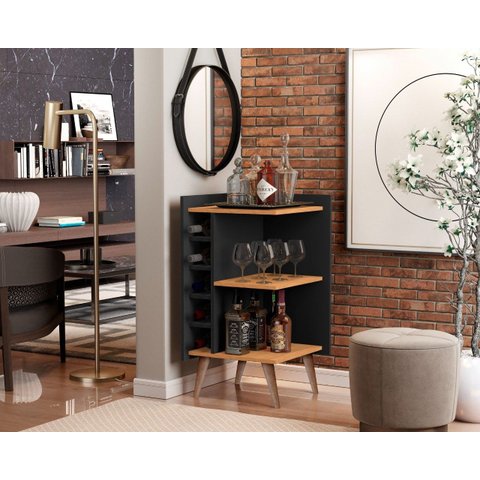 Aparador com Adega Horizontal Canto Pés Palito Santiago Cor Preto/Nature - Comprar Moveis em Casa