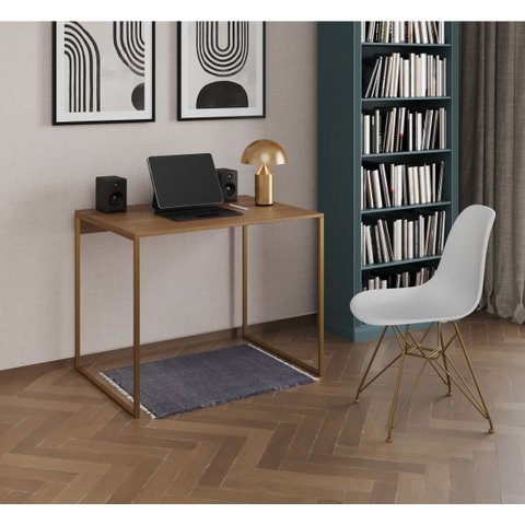 Escrivaninha Industrial Grécia 90x53 Ferro Dourado Tampo Amêndoa