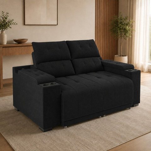Sofá Retrátil e Reclinável 2 e 3 Lugares 200cm com USB e Porta-Copos Verona Veludo Preto