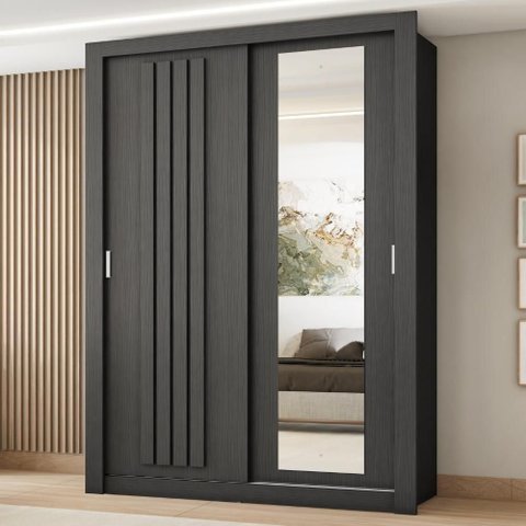 Guarda Roupa Solteiro 2 Portas Darvi com Espelho Direito Carraro Preto Touch
