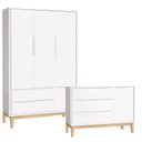 Ver imagem 1 de Cômoda com Porta e Guarda Roupa Infantil 3 Portas New Classic Branco com Pés Madeira Natural – Relle