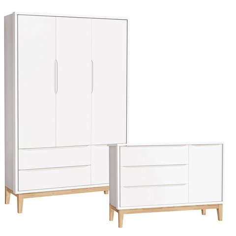 Cômoda com Porta e Guarda Roupa Infantil 3 Portas New Classic Branco com Pés Madeira Natural – Relle