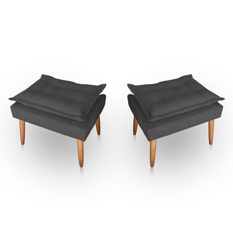 Kit 02 Puff para Sala e Quarto Madeira Decorativo Opala Suede Cinza