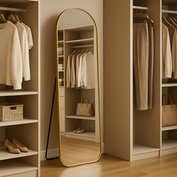 Espelho Oval Base Reta Moldura Dourada Corpo Inteiro 150x60 Suporte Parede e Chão - Quarto Closet - 1