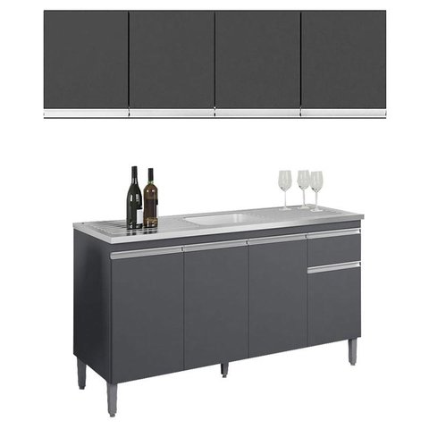 Balcão de Pia Tatiane 145 Cm e Armário Aéreo Andréia 4 Portas 160 Cm Cinza Fosco – Ajl