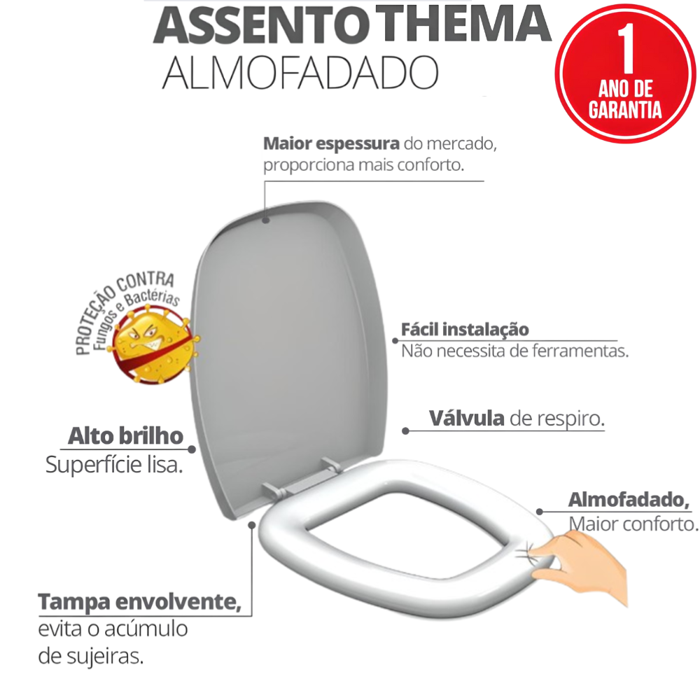 Assento Tampa para Vaso Sanitário Almofadado Compatível Thema Preto Durín - 2