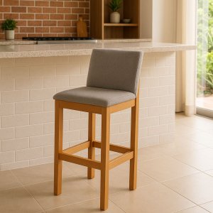 Kit 2 Banquetas Alta Pérola com Encosto Estofada em Linho Bege Madeira Maciça Castanho