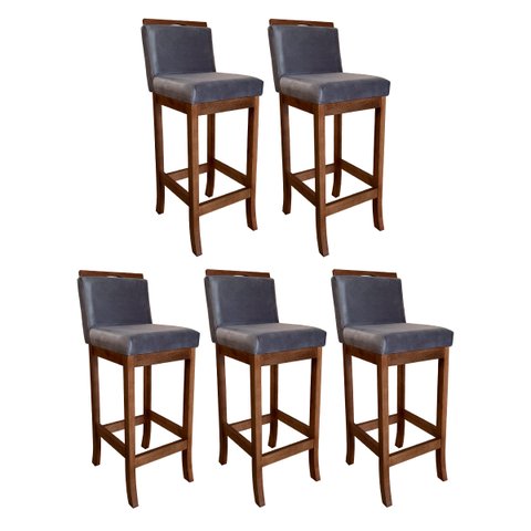 Kit 5 Banquetas Alta Estofada para Bancada Gourmet 38 x 102 Cm Turim Madeira Maciça Suede Cinza CCS