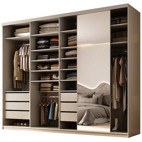 Closet Casal 1 Porta de Correr com Espelho 6 Gavetas 277cm Mdf Sonni R02 Bege - Lyam Decor