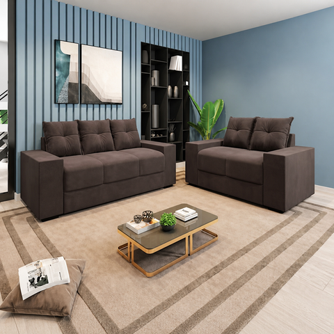 Conjunto Sofá 3 e 2 Lugares Suede Chamego Ii - Marrom
