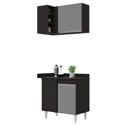 Balcão 1 Porta Denver e Armário Aéreo Austin de Canto Flex Preto/Cinza - Lumil Lumil Móveis Denver/A