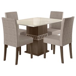 Mesa de Jantar 90cm com Vidro Amêndoa Off White com 4 Cadeiras Jade Bordada Amêndoa Cappuccino – Pol - 1