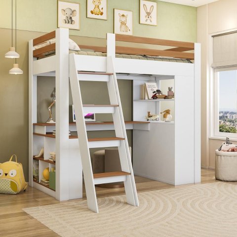 Cama Infantil Alta com Escrivaninha e 6 Gavetas para Colchão 88x188cm Multimóveis Crrui-CAM007