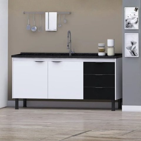 Gabinete Cozinha 144cm Armário 2 Portas e 3 Gavetas 100% MDF: Branco/Preto