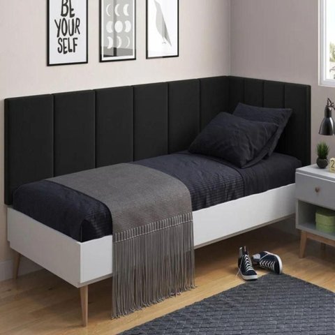 Cabeceira em L Lince Solteiro Parede MDF Suede Preto Oft Móveis