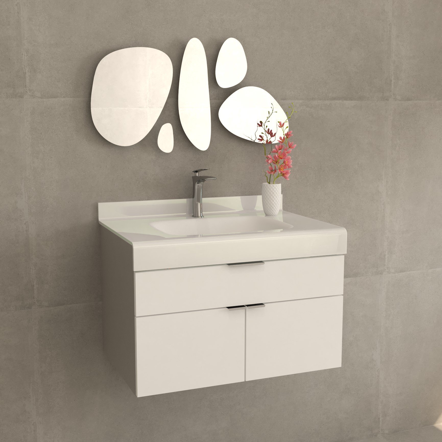 Gabinete Banheiro Bergan Anna 60cm com Tampo Vidro Moldado - Branco/cinza