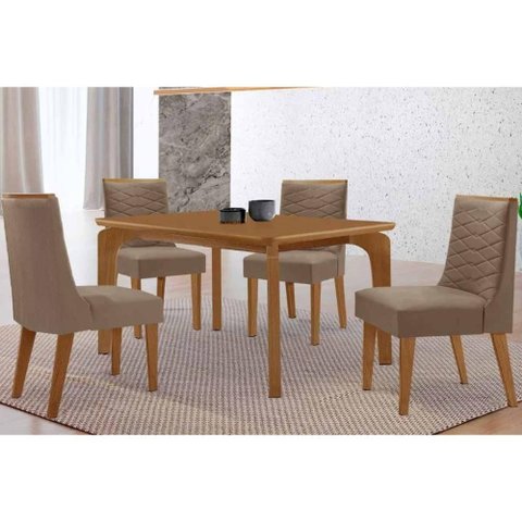 Conjunto: Mesa Sala Jantar Londrina Curvo 120cm + 4 Cadeiras Maldivas Naturale - Suede Capuccino