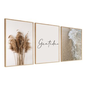 Kit 3 Quadros Decorativos Boho Bege para Sala Quarto Mar Gratidão