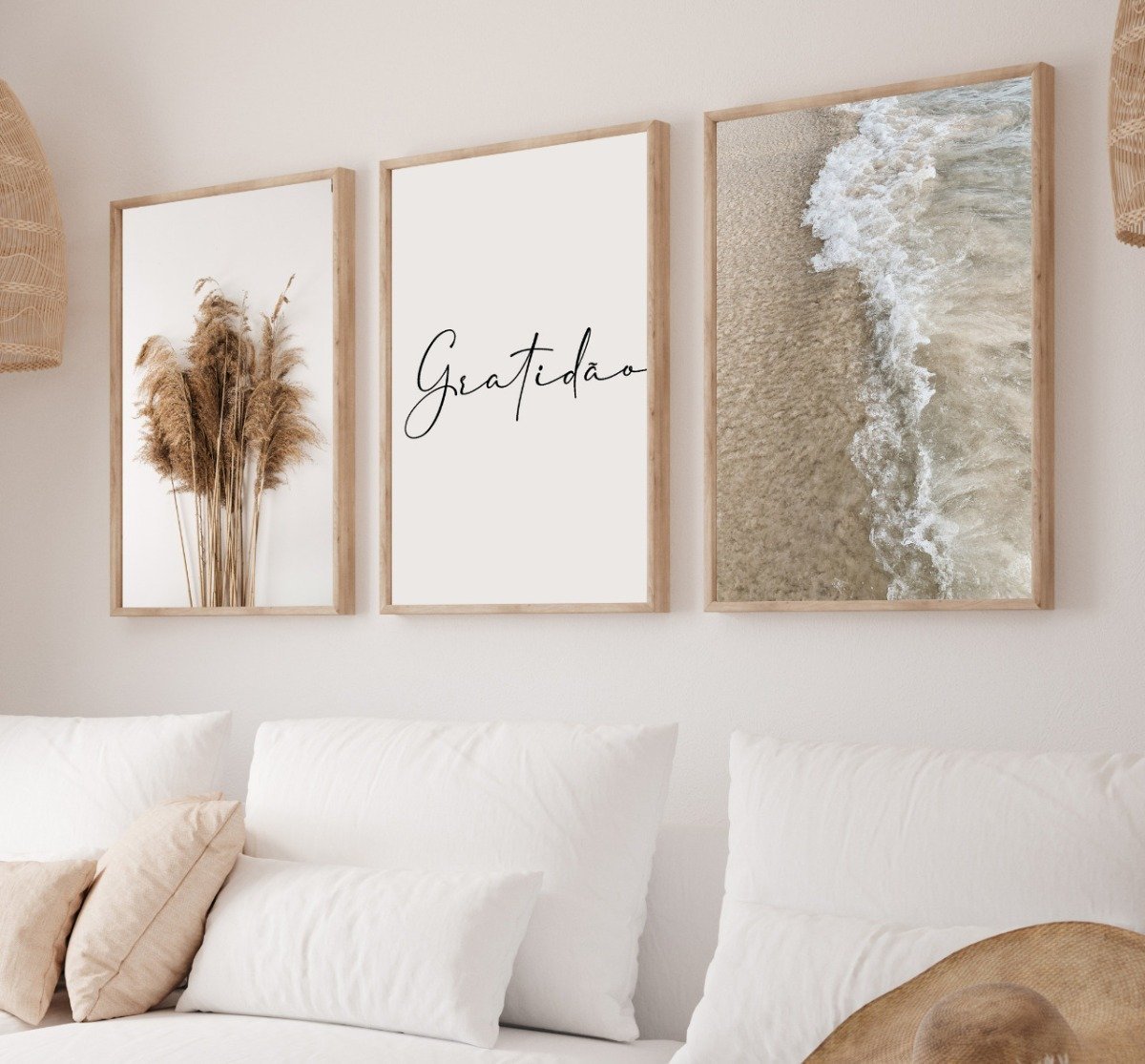 Kit 3 Quadros Decorativos Boho Bege para Sala Quarto Mar Gratidão - 3