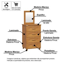 Cômoda para Quarto 4 Gavetas com Espelheira em Madeira Itália Carvalho - Straub Web - 2