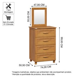 Cômoda para Quarto 4 Gavetas com Espelheira em Madeira Itália Carvalho - Straub Web - 3