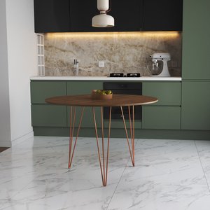 Mesa de Jantar Redonda 90cm Amêndoa Clips 3 Pés Base Cobre