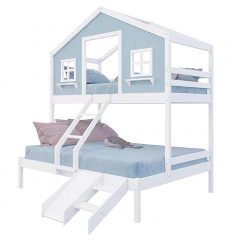 Beliche Casal/ Solteiro Casinha Dos Sonhos com Escada/ Escorregador Madeira Maciça Branco/ Azul