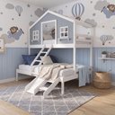 Ver imagem 2 de Beliche Casal/ Solteiro Casinha Dos Sonhos com Escada/ Escorregador Madeira Maciça Branco/ Azul