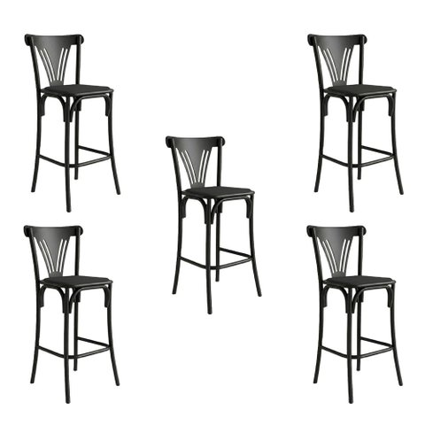 Kit 5 Banquetas Altas Paris em Aço Preto para Cozinha e Bancada Gourmet com Assento Corino - Preto