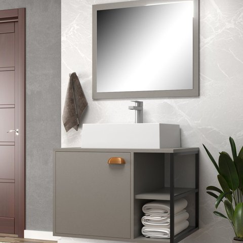 Conjunto Gabinete para Banheiro com Espelheira e Cuba Nassau Cinza/Cimento