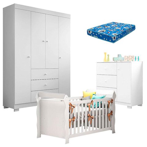 Quarto de Bebê Duda 4 Portas e Berço Americano Lara Branco Brilho com Colchão Ortobom – Phoenix Baby