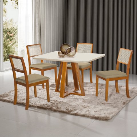 Mesa Jantar Pérola 120x90 Off White com 4 Cadeiras Palha Veludo Bege Telinha Rubi Madeira Maciça Mel