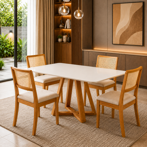 Mesa Jantar Pérola 120x90 Off White com 4 Cadeiras Palha Veludo Bege Telinha Rubi Madeira Maciça Mel