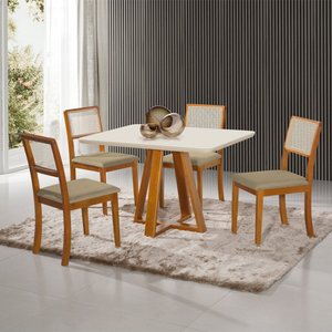 Mesa Jantar Pérola 120x90 Off White com 4 Cadeiras Palha Veludo Bege Telinha Rubi Madeira Maciça Mel