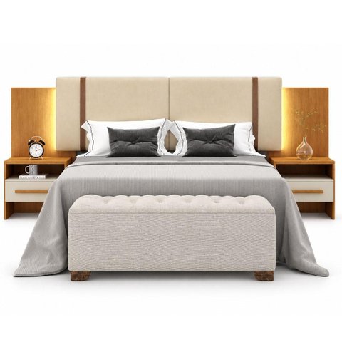 Cabeceira Box Casal Jalisco com 2 Mesas de Cabeceira e LED Cinamomo Fendi - Novo Horizonte