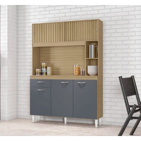 Kit Cozinha Duda 1,20m Damasco Ripado/cinza 4 Portas Gaveta