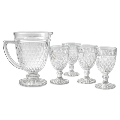 Jogo de Jarra e Taças Diamond 5 Peças 1,2l + 4 Taças 250ml Vidro